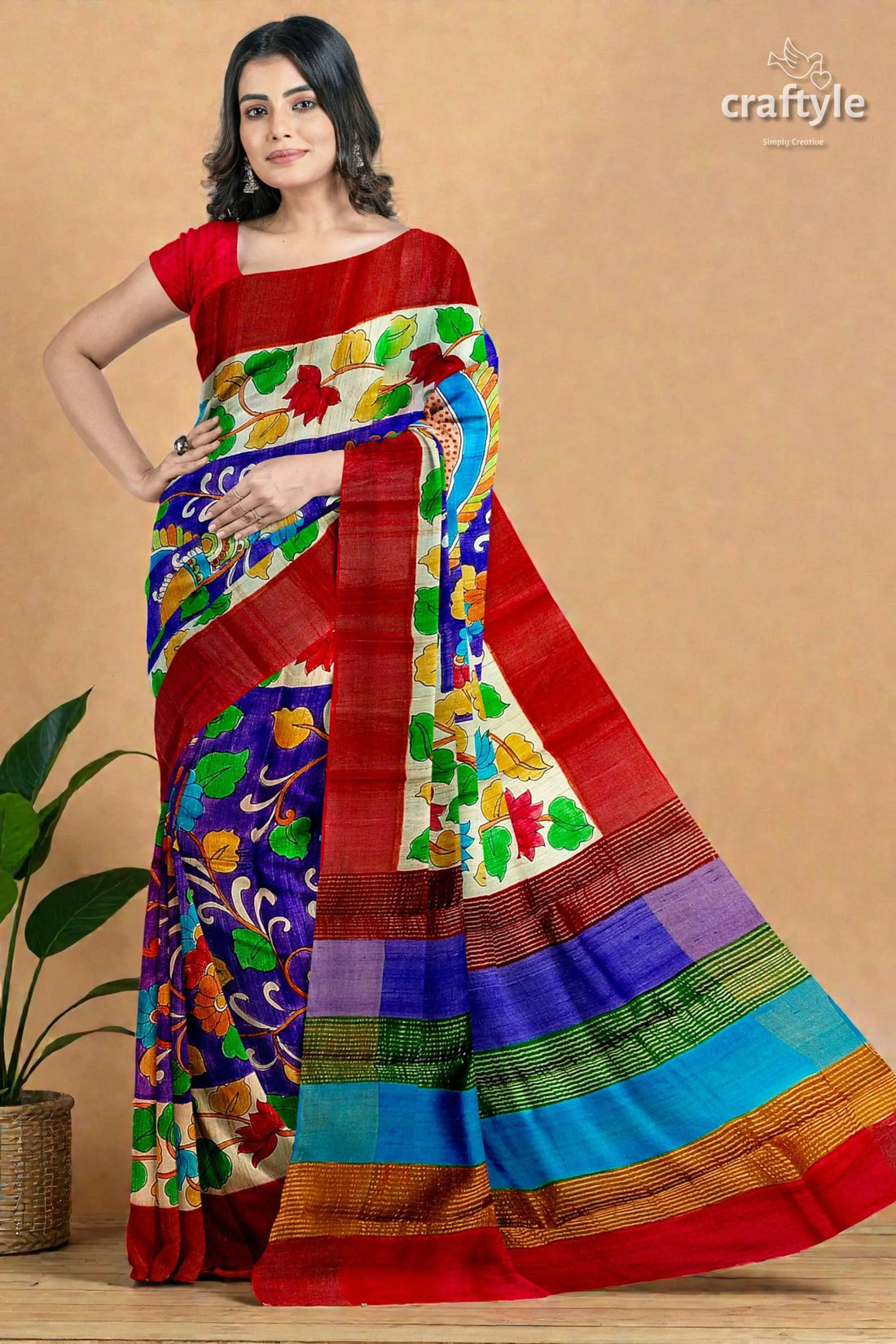 Persian blue handcrafted tussar saree with zari border - pure kalamkari design vibrant red blue green floral-patterned 1