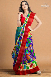 Persian blue handcrafted tussar saree with zari border - pure kalamkari design vibrant multicolored floral saree bold 3
