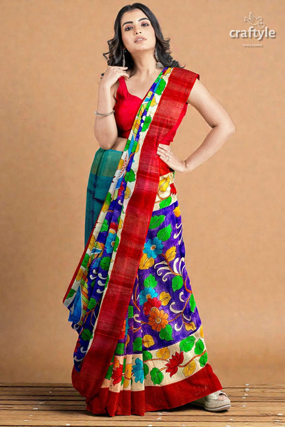 Persian blue handcrafted tussar saree with zari border - pure kalamkari design vibrant multicolored floral saree bold 3