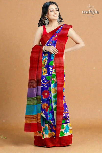 Persian blue handcrafted tussar saree with zari border - pure kalamkari design vibrant red blue hand-block printed 4