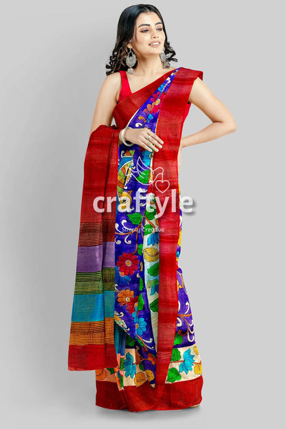 Persian Blue Handcrafted Tussar Saree with Zari Border - Pure Tussar Kalamkari Design - Craftyle