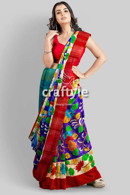 Persian Blue Handcrafted Tussar Saree with Zari Border - Pure Tussar Kalamkari Design - Craftyle