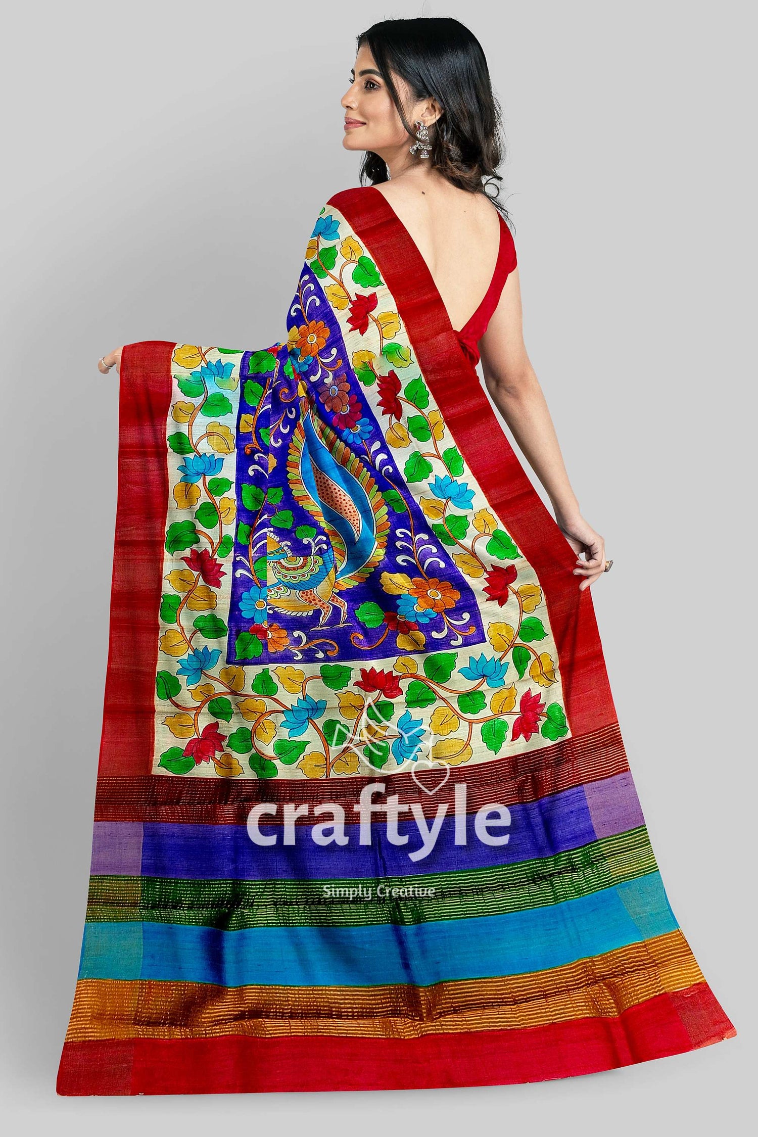 Persian Blue Handcrafted Tussar Saree with Zari Border - Pure Tussar Kalamkari Design - Craftyle