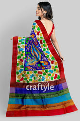 Persian Blue Handcrafted Tussar Saree with Zari Border - Pure Tussar Kalamkari Design - Craftyle