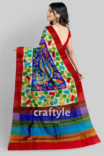 Persian Blue Handcrafted Tussar Saree with Zari Border - Pure Tussar Kalamkari Design - Craftyle
