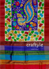 Persian Blue Handcrafted Tussar Saree with Zari Border - Pure Tussar Kalamkari Design - Craftyle