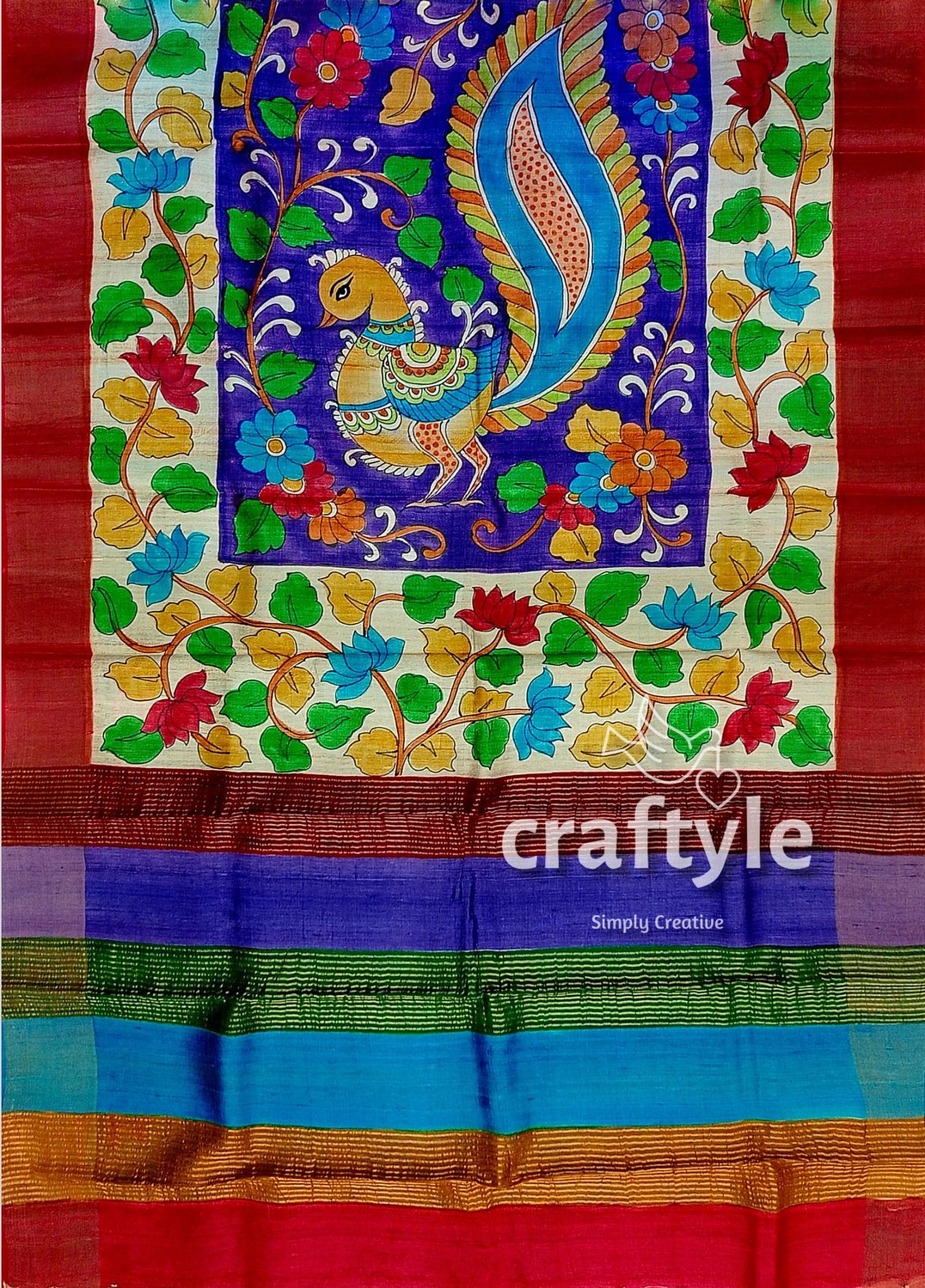 Persian Blue Handcrafted Tussar Saree with Zari Border - Pure Tussar Kalamkari Design - Craftyle