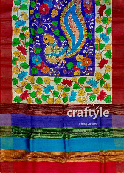 Persian Blue Handcrafted Tussar Saree with Zari Border - Pure Tussar Kalamkari Design - Craftyle