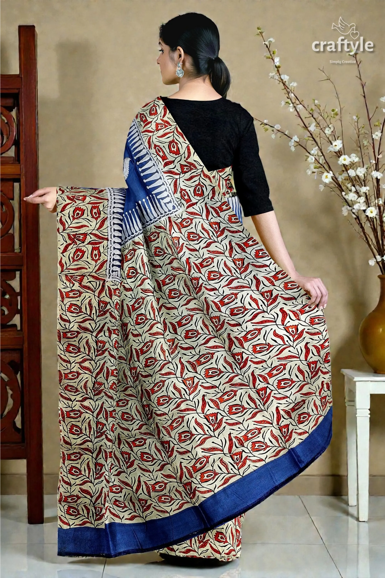 Persian blue mulberry pure silk saree - hand block print for a touch of elegance 5