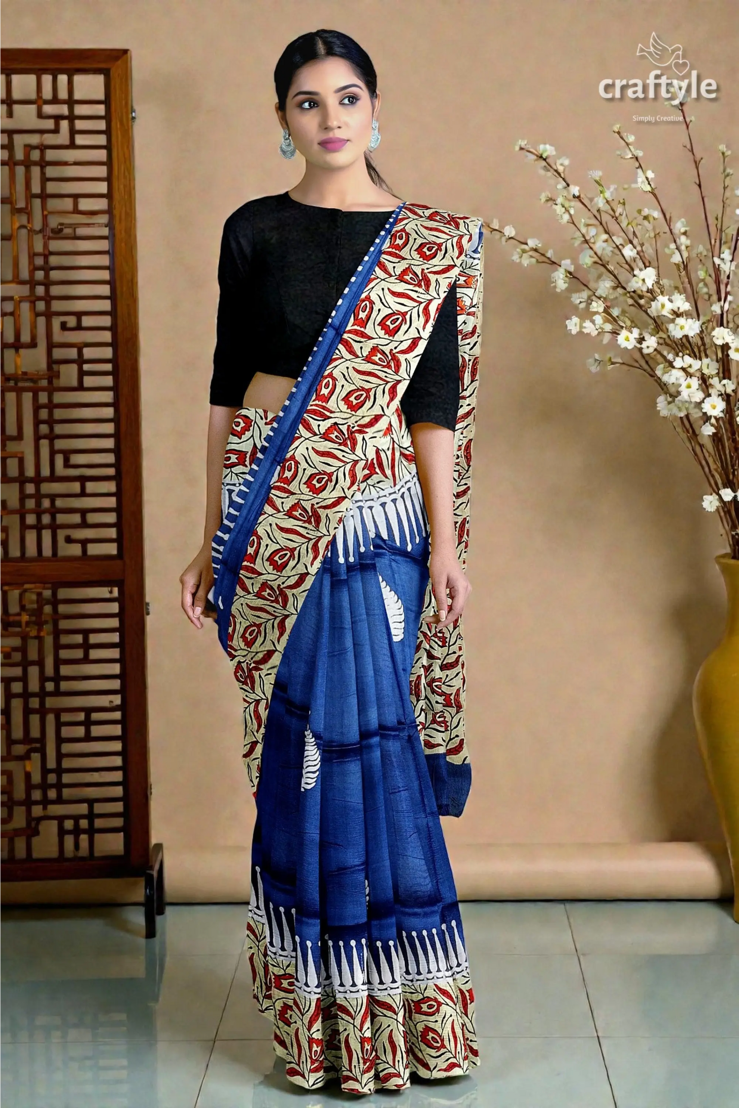 Persian blue mulberry pure silk saree - hand block print for a touch of elegance 3