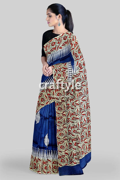 Persian blue mulberry pure silk saree - hand block print for a touch of elegance woman patterned saree 2