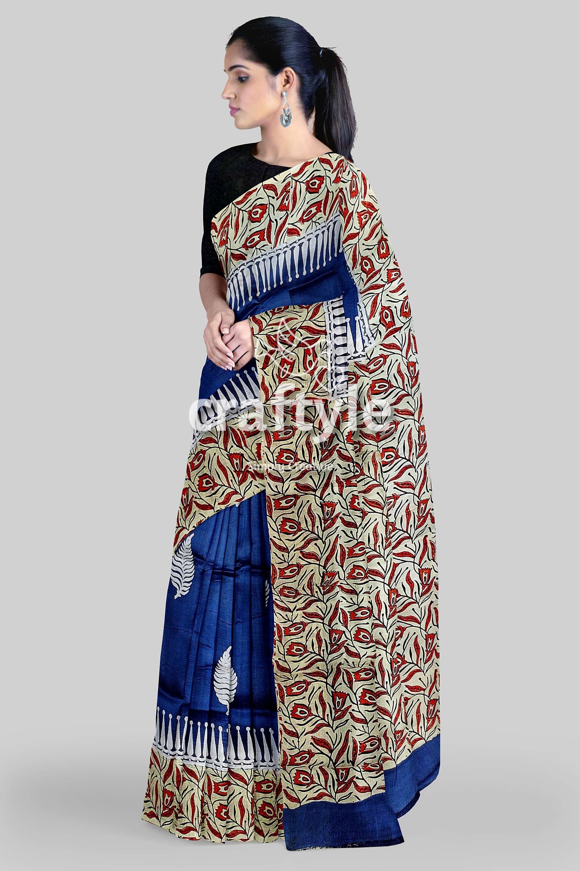 Persian Blue Mulberry Pure Silk Saree - Hand Block Print for a Touch of Elegance - Craftyle