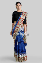 Persian Blue Mulberry Pure Silk Saree - Hand Block Print for a Touch of Elegance - Craftyle