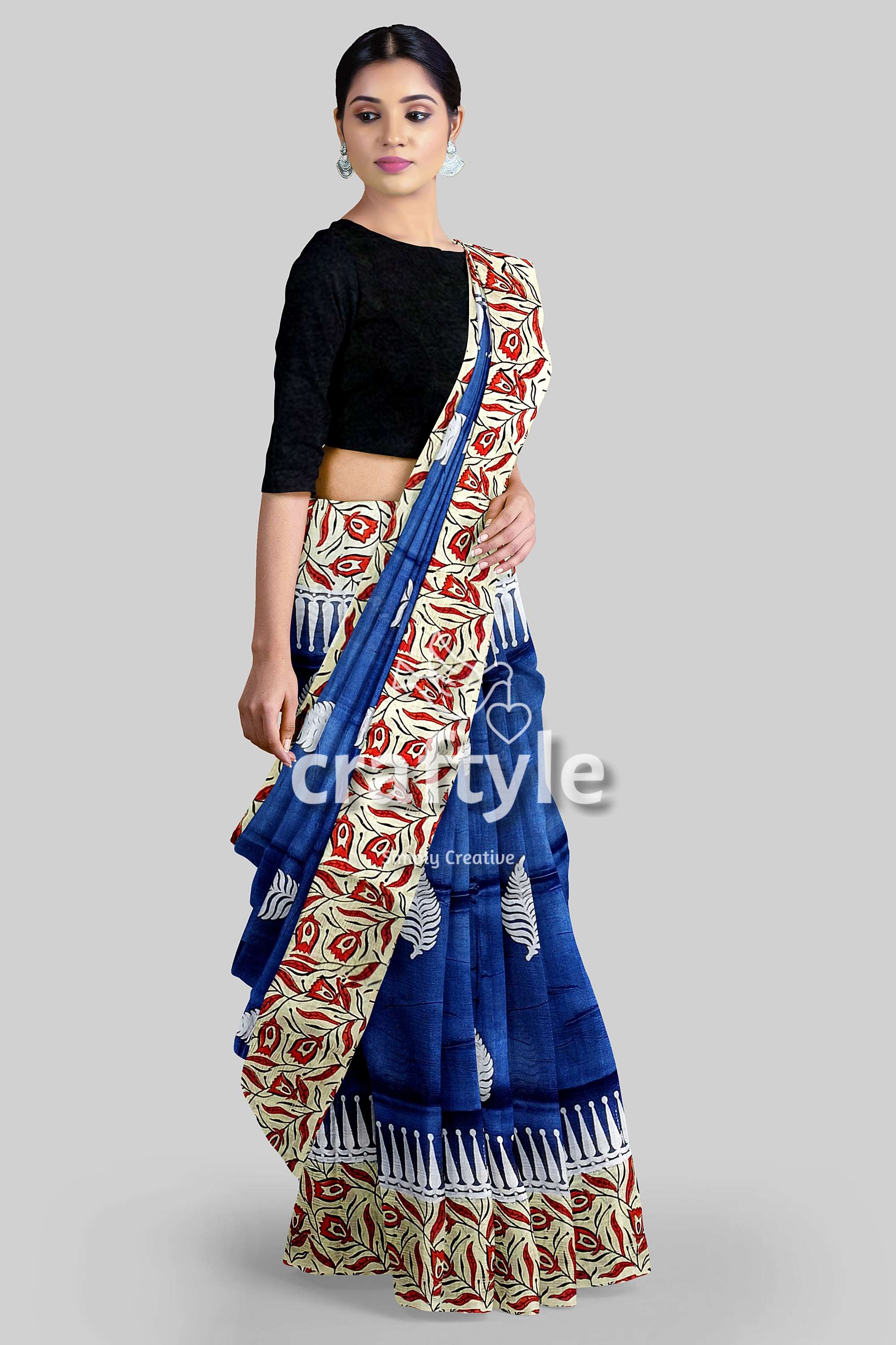 Persian Blue Mulberry Pure Silk Saree - Hand Block Print for a Touch of Elegance - Craftyle