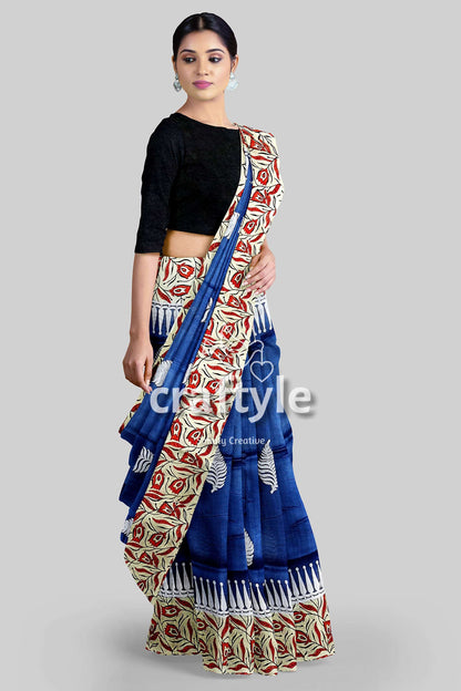 Persian Blue Mulberry Pure Silk Saree - Hand Block Print for a Touch of Elegance - Craftyle