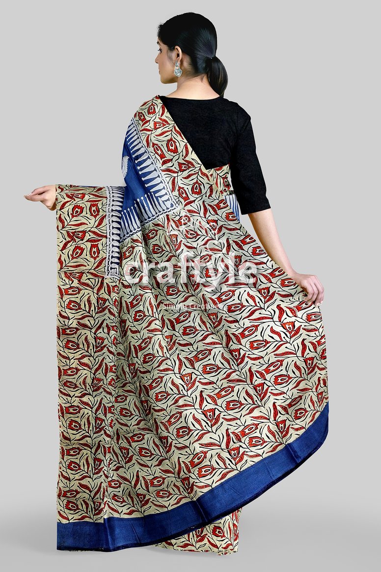 Persian Blue Mulberry Pure Silk Saree - Hand Block Print for a Touch of Elegance - Craftyle