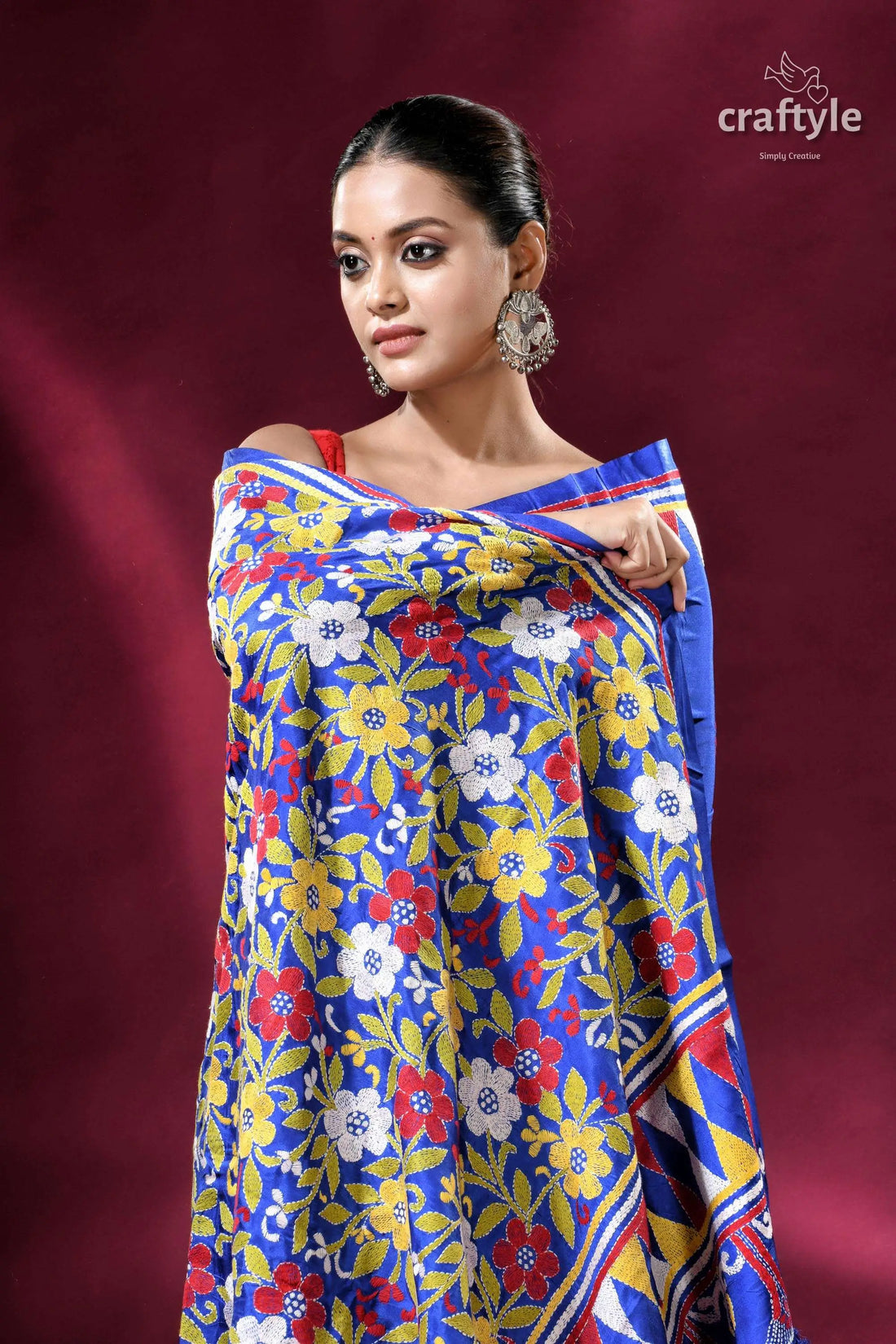 Persian blue multicolor floral silk kantha work saree floral patterned blue shawl 2