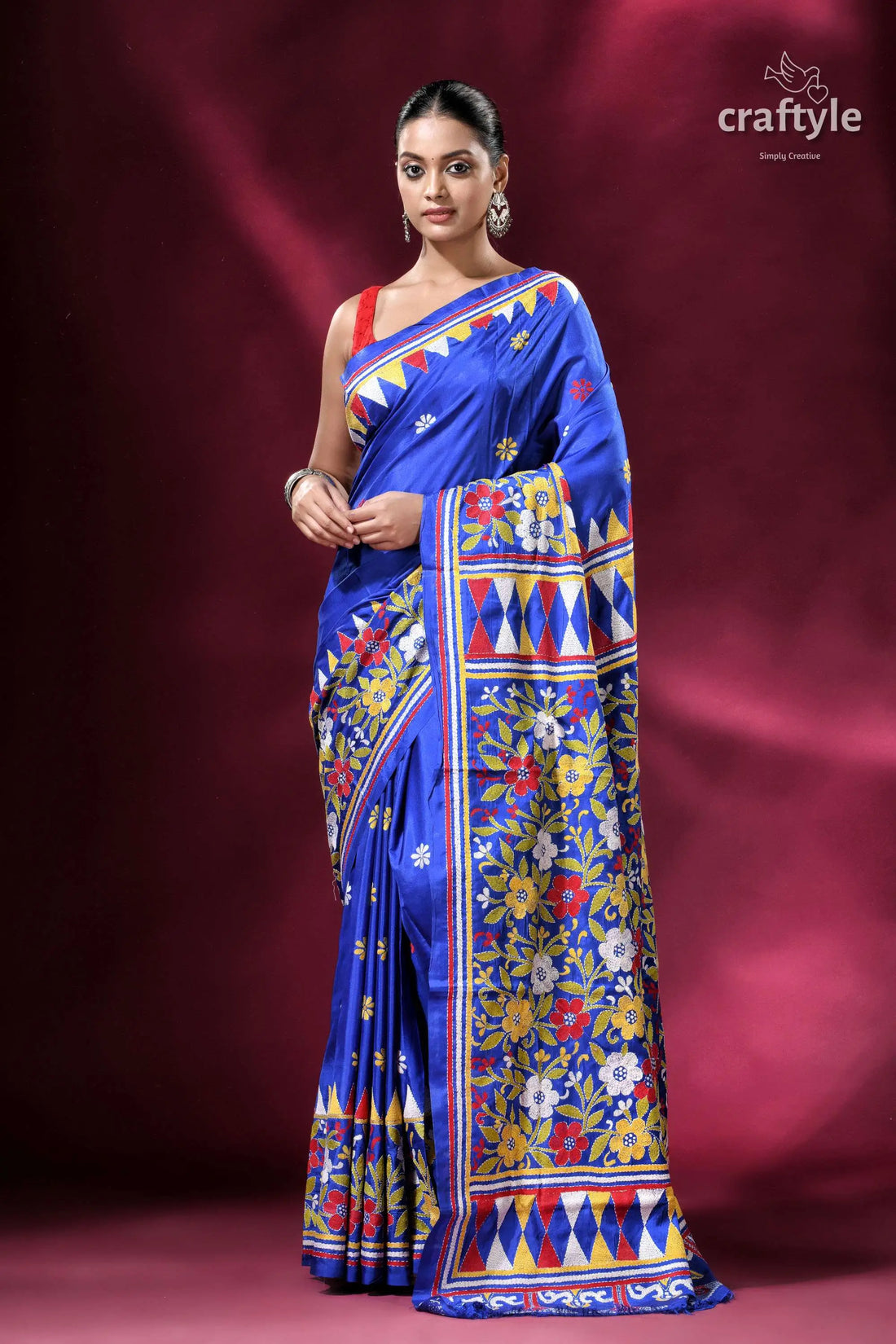 Persian blue multicolor floral silk kantha work saree blue floral-patterned saree 1