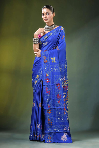 Persian blue multithread floral motif silk kantha saree vibrant royal 6