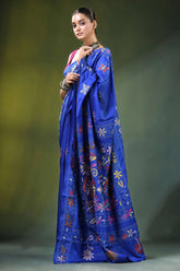 Persian blue multithread floral motif silk kantha saree vibrant royal adorned 4