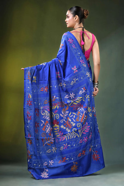 Persian blue multithread floral motif silk kantha saree vibrant royal 5