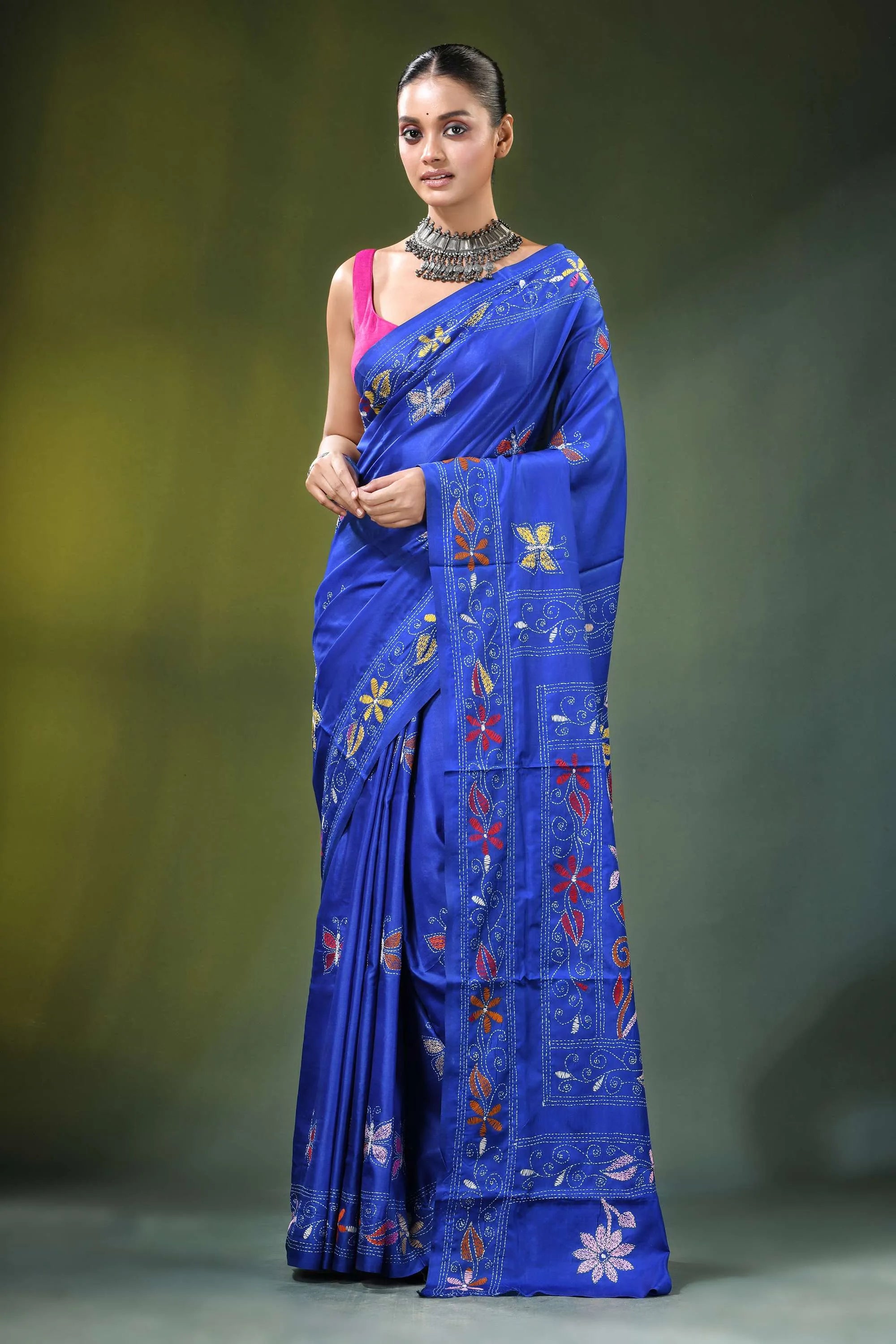 Persian blue multithread floral motif silk kantha saree vibrant royal 1