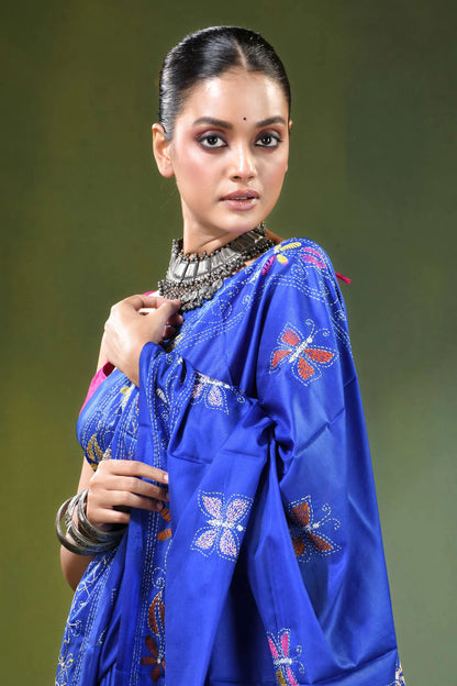 Persian blue multithread floral motif silk kantha saree vibrant royal 2