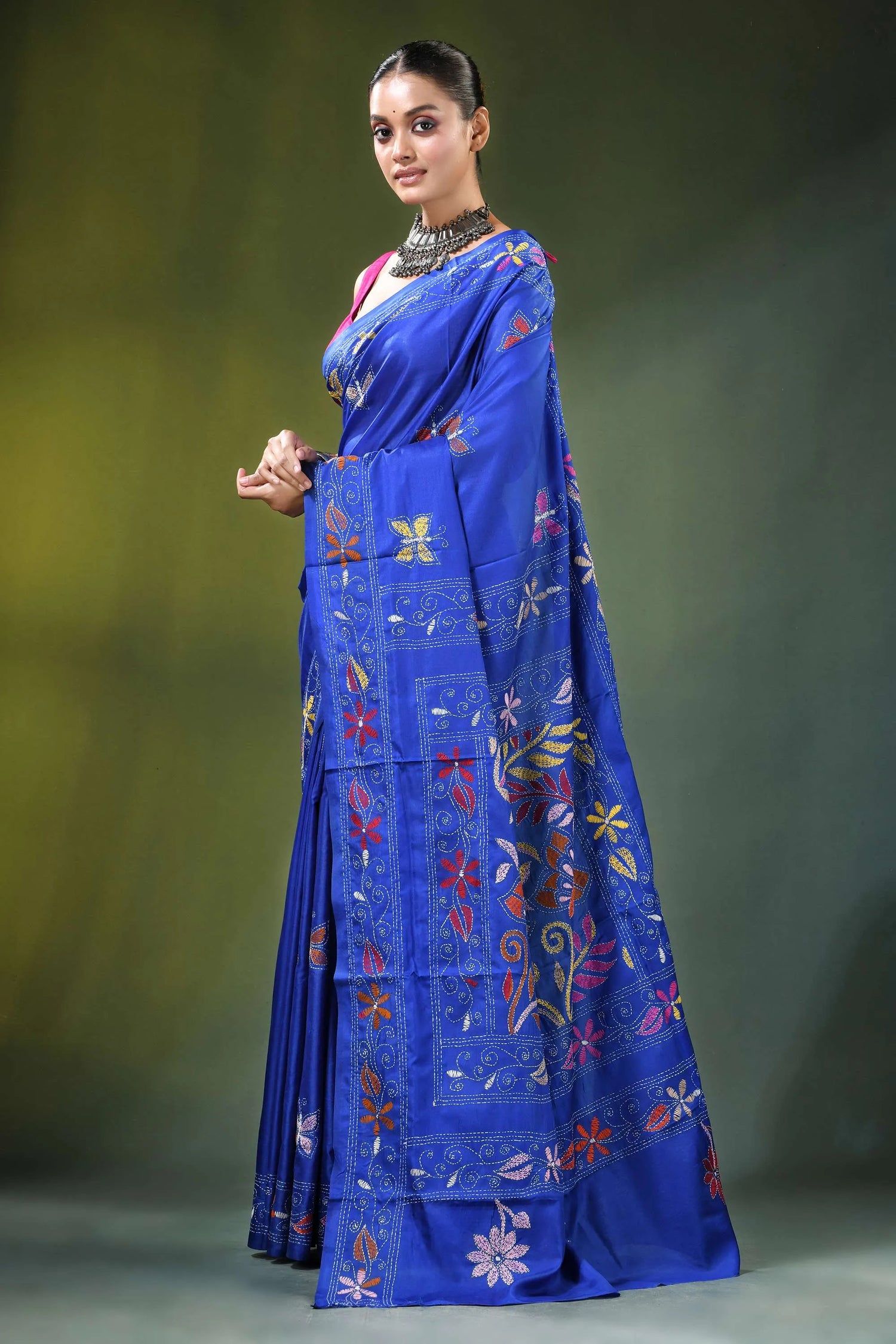 Persian blue multithread floral motif silk kantha saree vibrant royal 3