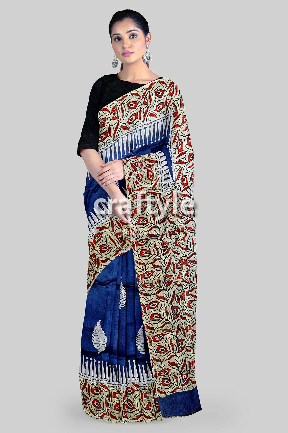Persian Blue Murshidabad Pure Silk Saree - Hand Block Print for a Touch of Elegance-Craftyle