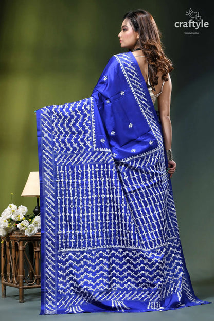 Persian blue white thread silk gujrati stitch saree with mirror work vibrant royal blue saree intricate 6