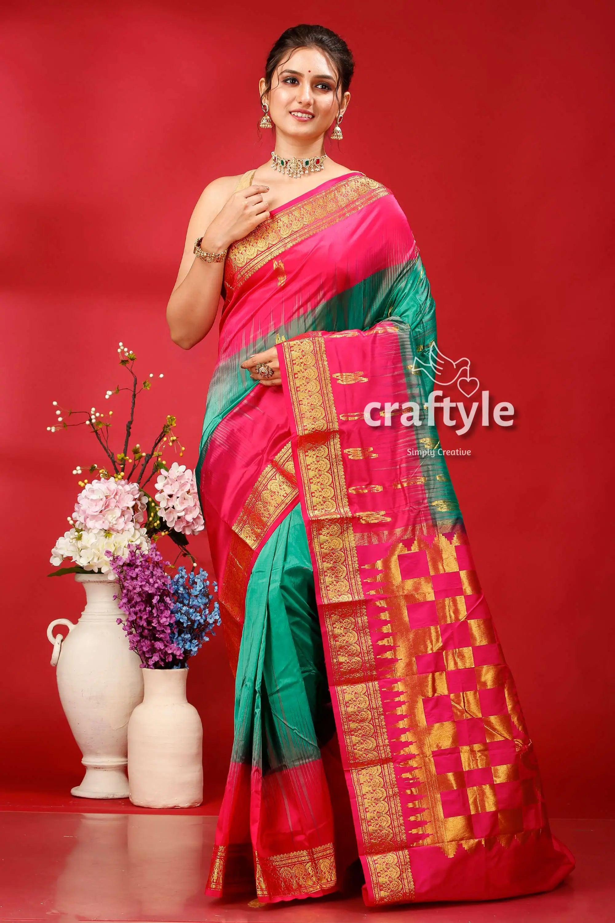 Persian green and magenta kanjivaram silk saree - classic elegance for any occasion pink green silk saree 1