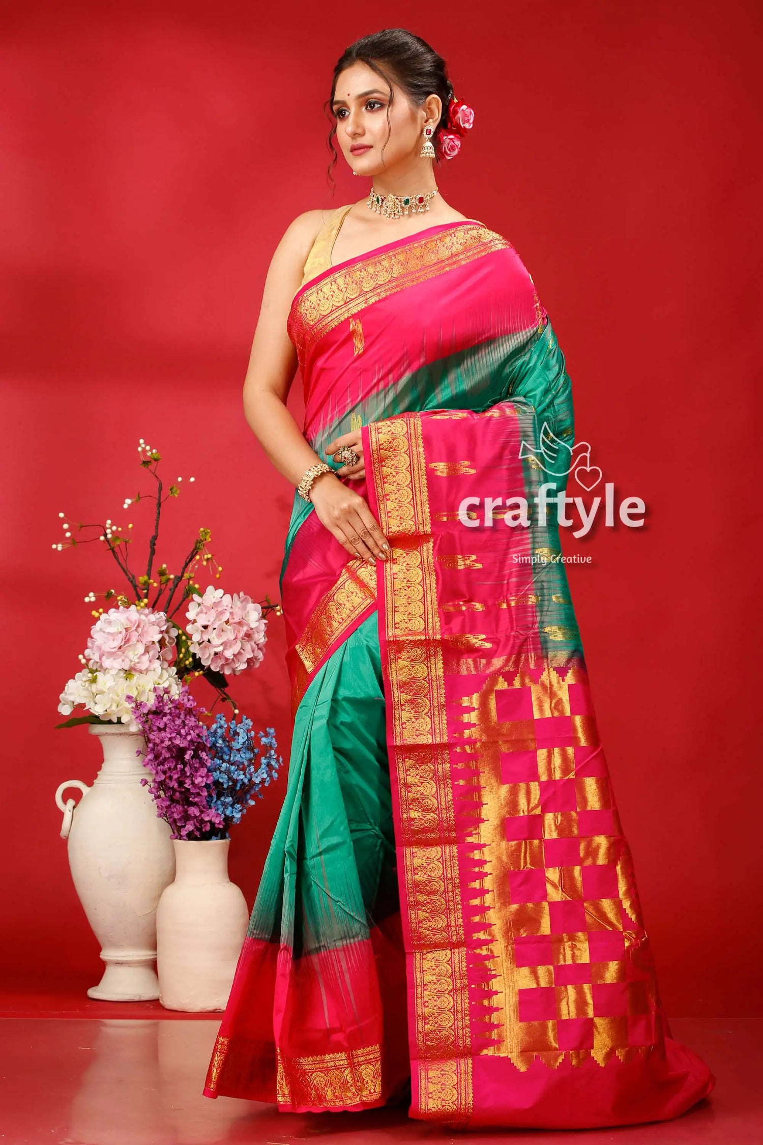 Persian green and magenta kanjivaram silk saree - classic elegance for any occasion pink green silk saree 3