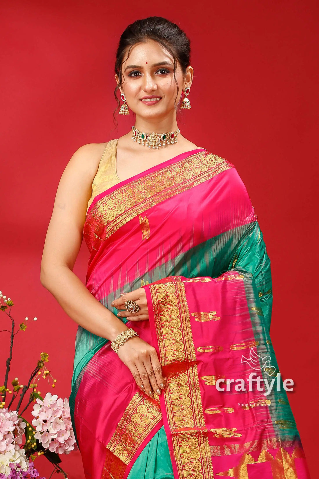 Persian green and magenta kanjivaram silk saree - classic elegance for any occasion woman pink green saree 2