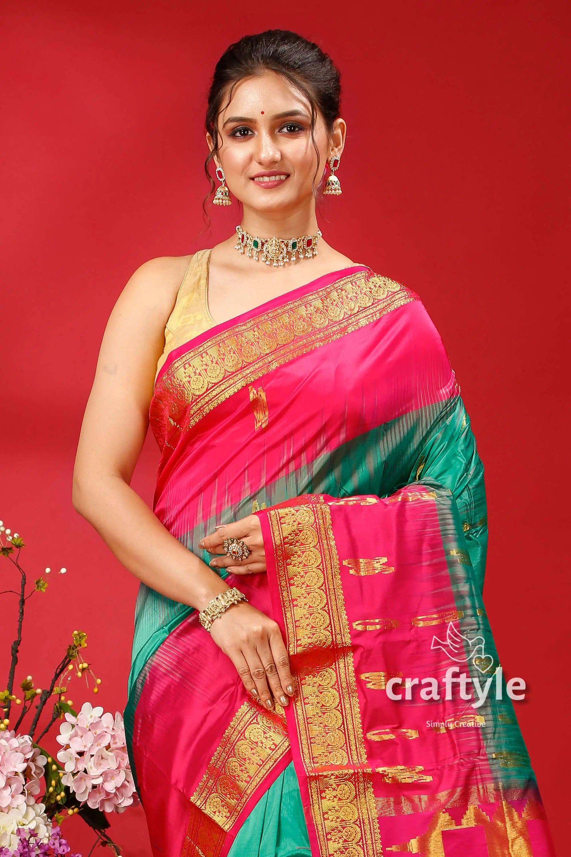Persian green and magenta kanjivaram silk saree - classic elegance for any occasion woman pink green saree 2