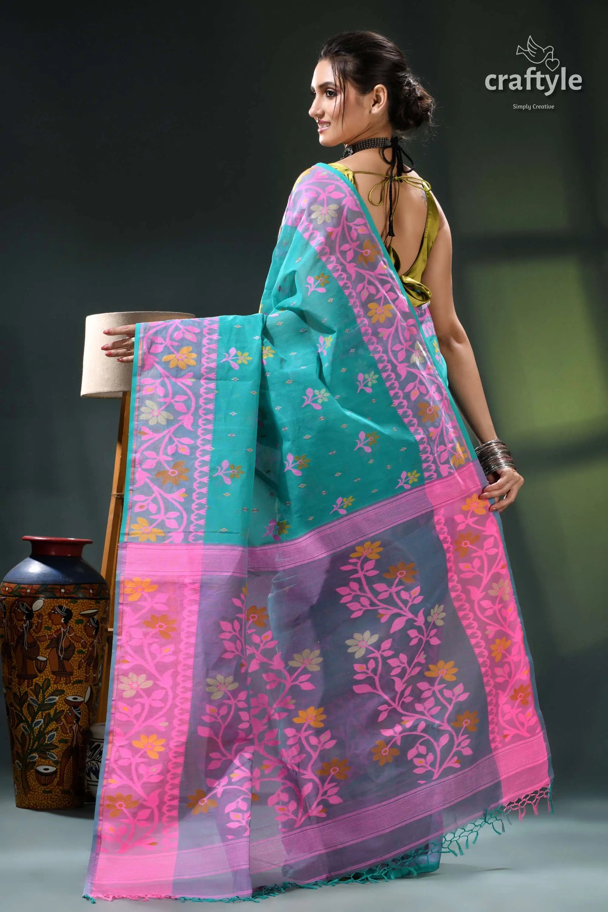 Persian green and pink bengal heritage cotton jamdani saree teal pink floral saree intricate 5