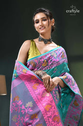 Persian green and pink bengal heritage cotton jamdani saree pastel floral saree teal border 2