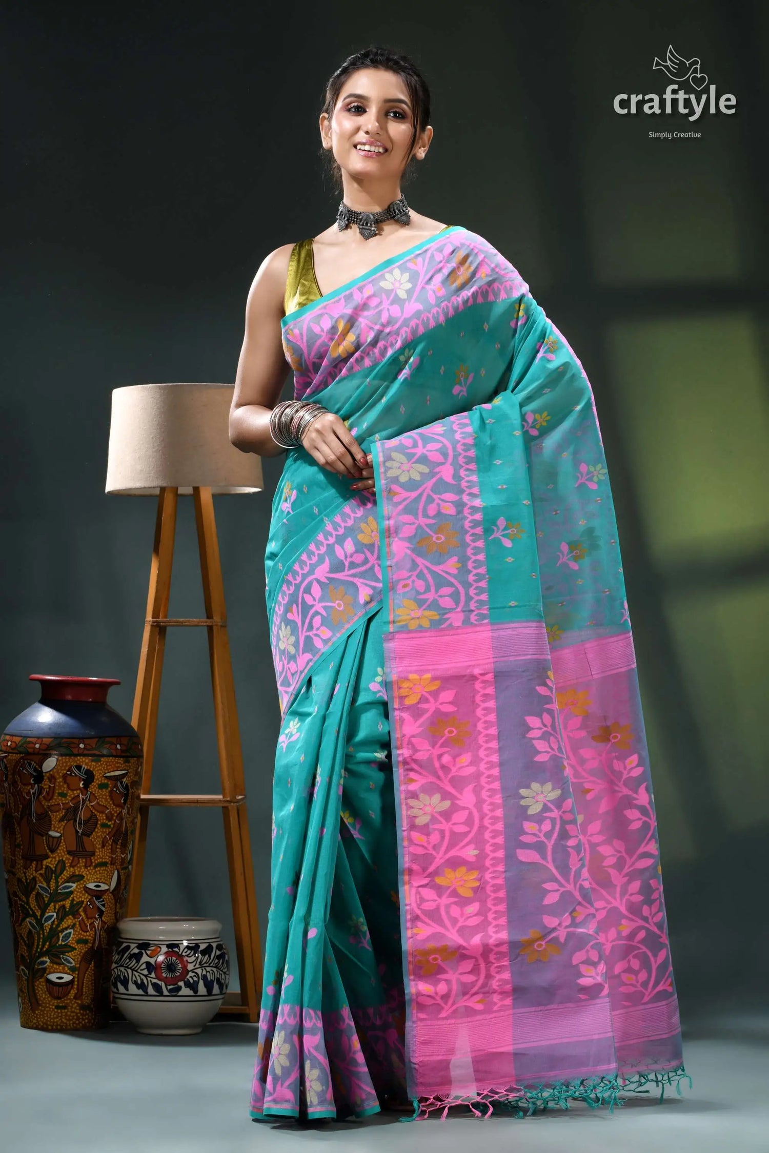 Persian green and pink bengal heritage cotton jamdani saree teal pink saree floral pattern 6