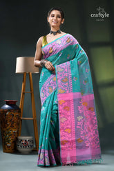 Persian green and pink bengal heritage cotton jamdani saree teal pink saree floral pattern 6