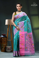 Persian green and pink bengal heritage cotton jamdani saree teal pink floral saree silver 1