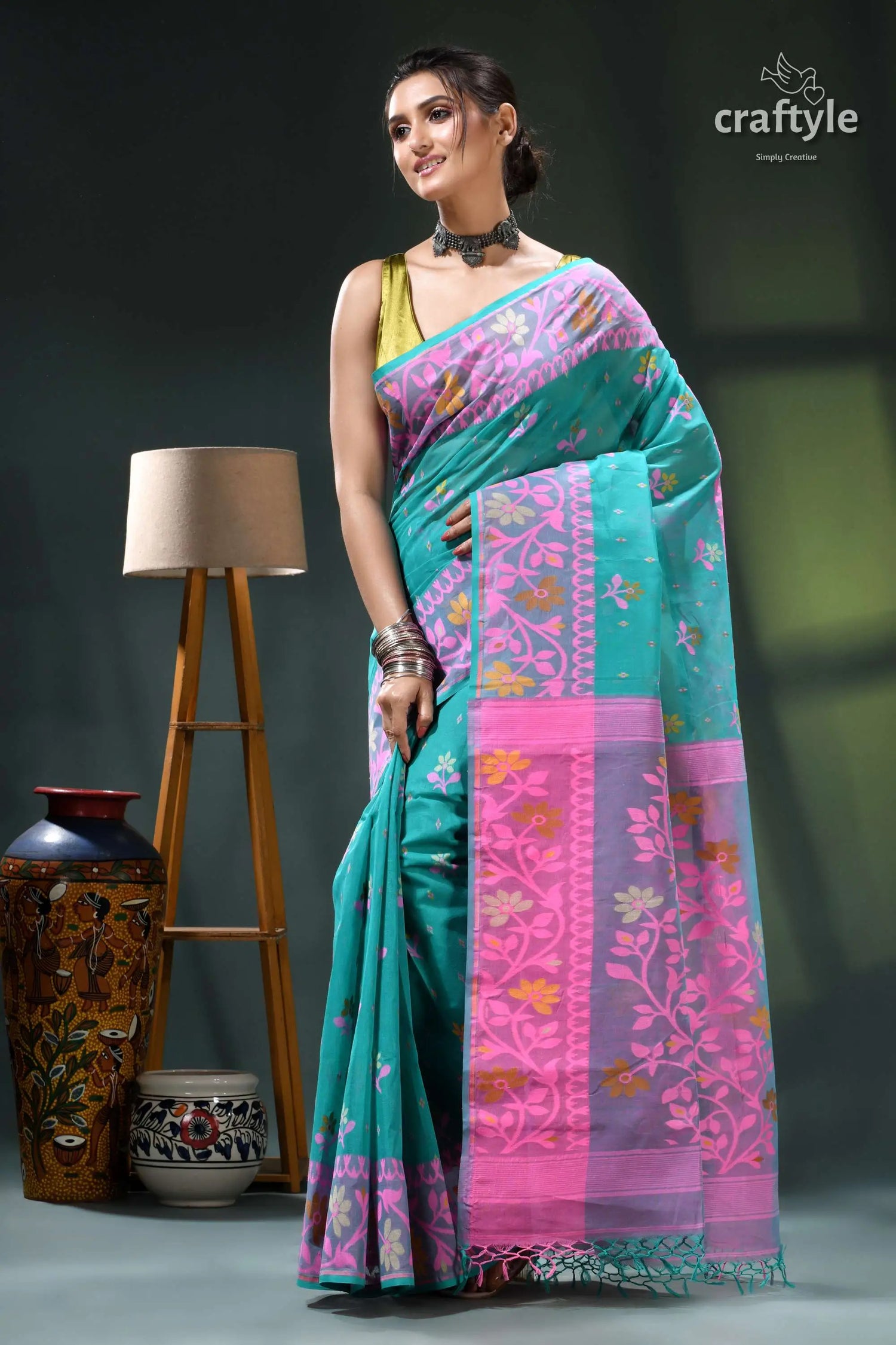 Persian green and pink bengal heritage cotton jamdani saree teal pink saree floral embroidery 3