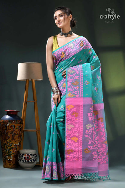 Persian green and pink bengal heritage cotton jamdani saree teal pink saree floral embroidery 3