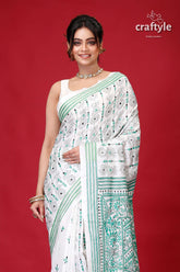 Persian Green and White Alpana Design Silk Kantha Saree-Craftyle