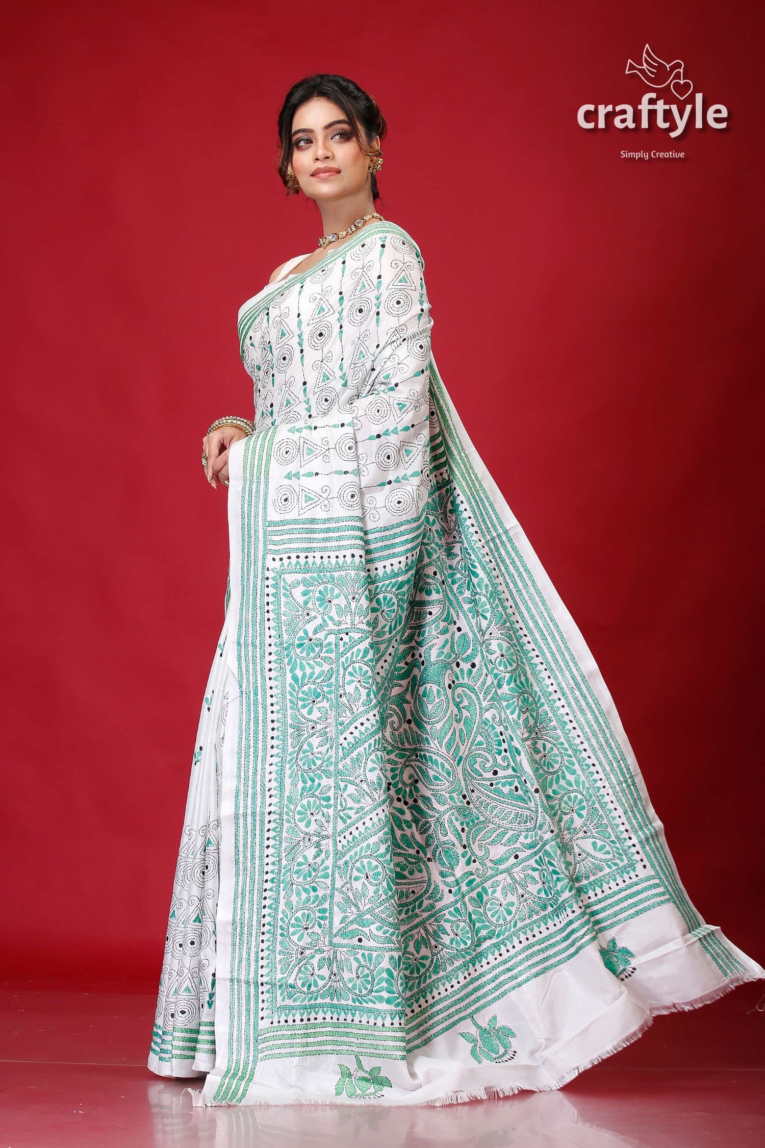 Persian Green and White Alpana Design Silk Kantha Saree-Craftyle