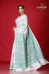 Persian Green and White Alpana Design Silk Kantha Saree-Craftyle