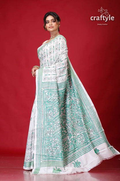 Persian Green and White Alpana Design Silk Kantha Saree-Craftyle