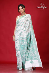 Persian Green and White Alpana Design Silk Kantha Saree-Craftyle
