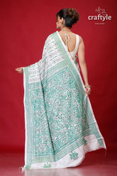 Persian Green and White Alpana Design Silk Kantha Saree-Craftyle