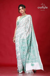 Persian green and white alpana design silk kantha saree white saree green embroidery 4