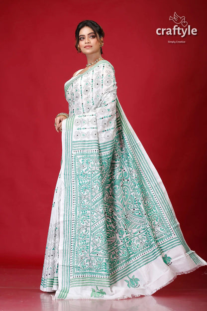 Persian green and white alpana design silk kantha saree white saree green embroidery 3