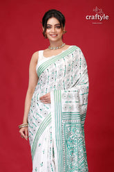 Persian green and white alpana design silk kantha saree white saree green embroidery 2